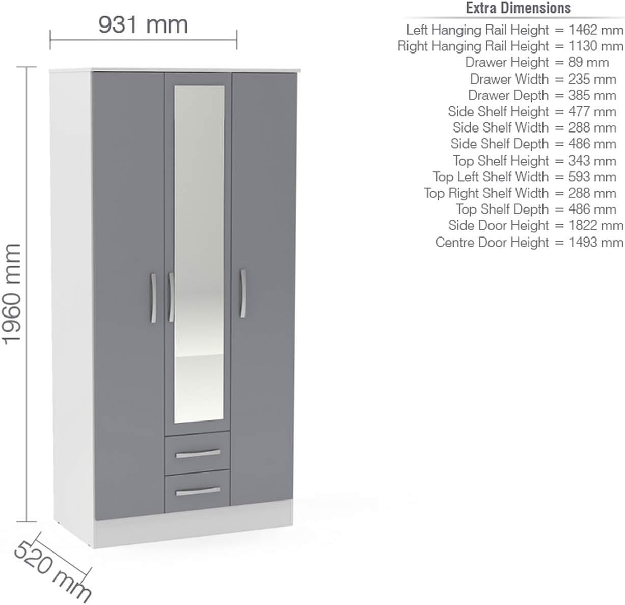 Lynx 3 Door 2 Drawer Wardrobe With Mirror