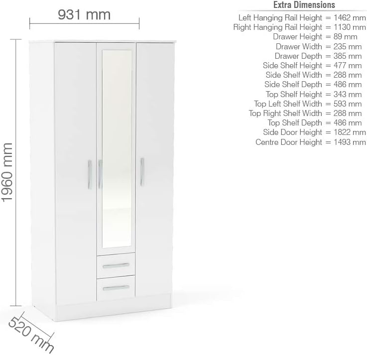 Lynx 3 Door 2 Drawer Wardrobe With Mirror