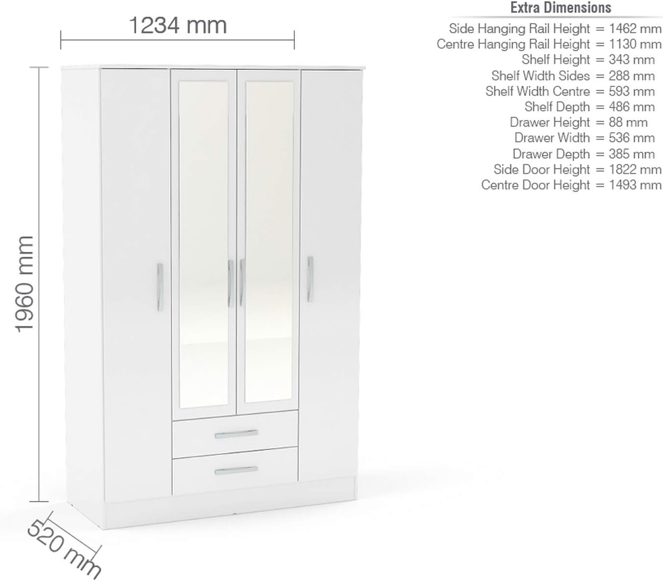 Lynx 4 Door 2 Drawer Wardrobe With Mirror