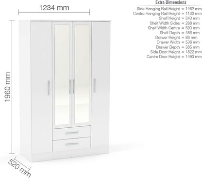 Lynx 4 Door 2 Drawer Wardrobe With Mirror